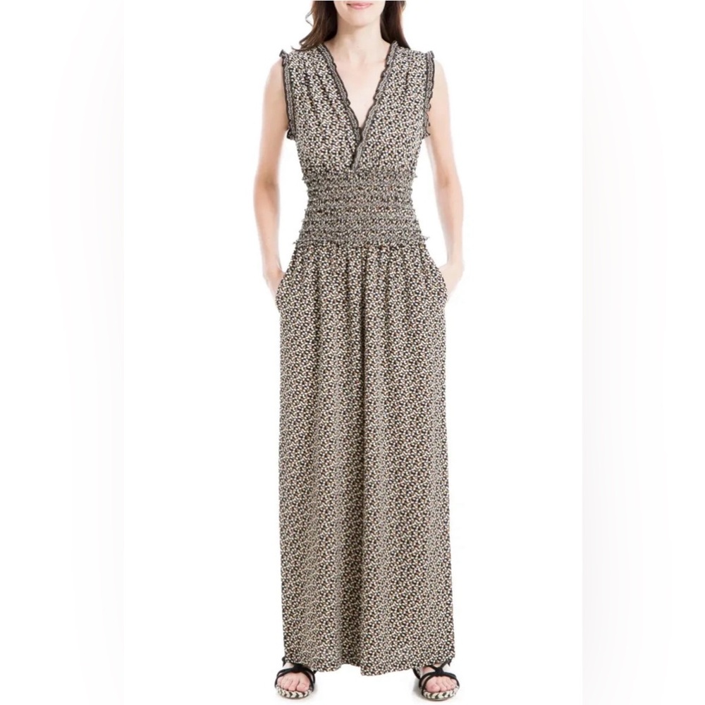 NWT - Smocked Waist Sleeveless Maxi Jumpsuit - Black Floral